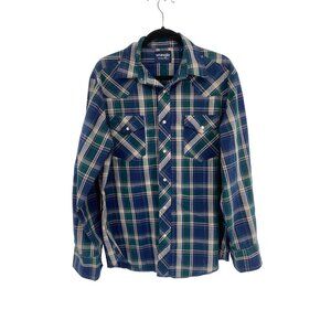 WRANGLER Western Fashion Men’s L BLUE GREEN  Plaid Cowboy Rodeo Pearl Snap Shirt